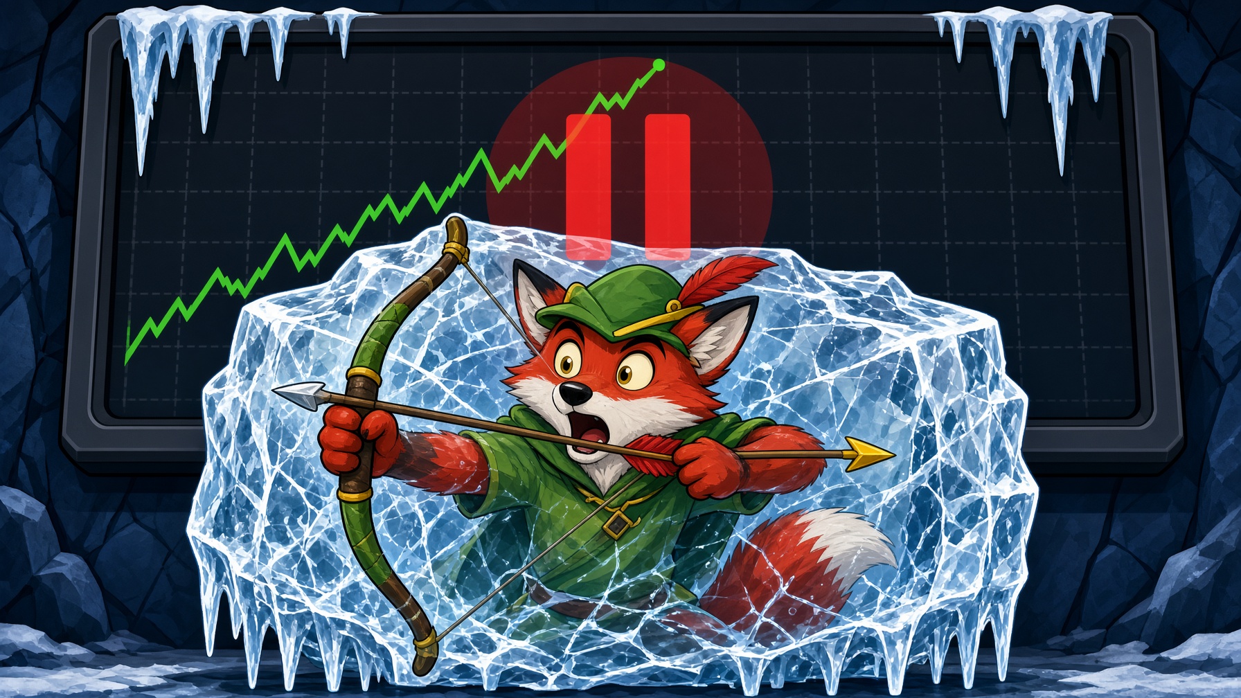 A cartoon Robin Hood frozen in a block of ice mid-draw, bow bent, in front of a giant stock chart stopped halfway up with a red pause symbol